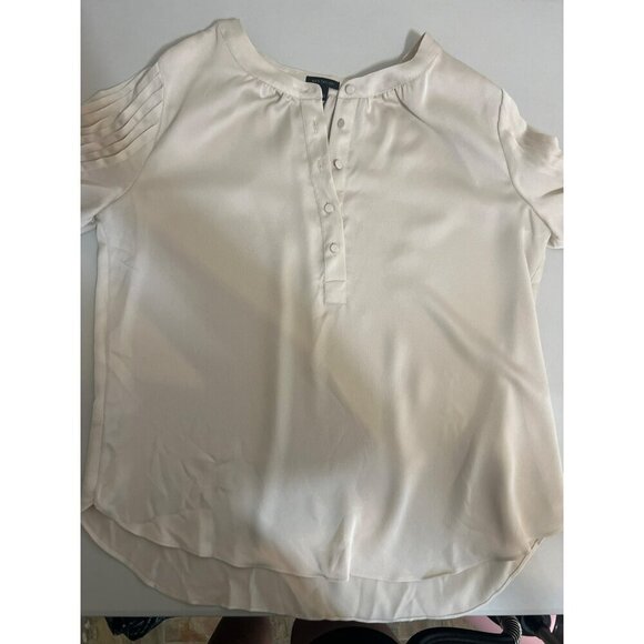 Ann Taylor Cream Sz M Blouse Covered Buttons Balloon Printed Sleeves - Picture 7 of 9